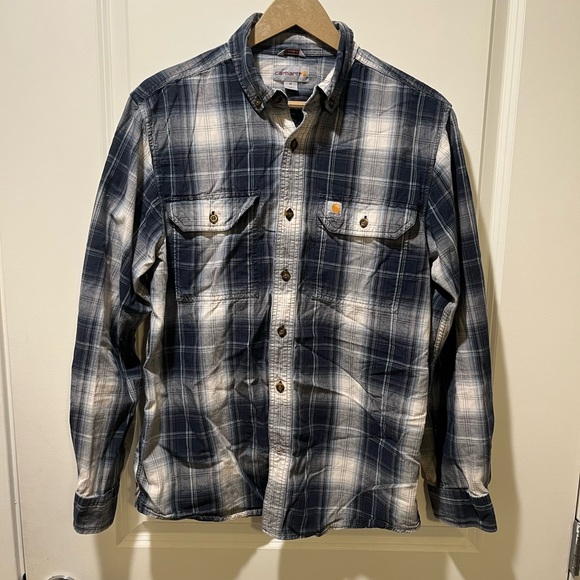 Carhartt Navy and White Plaid Button Down Shirt - Picture 1 of 4